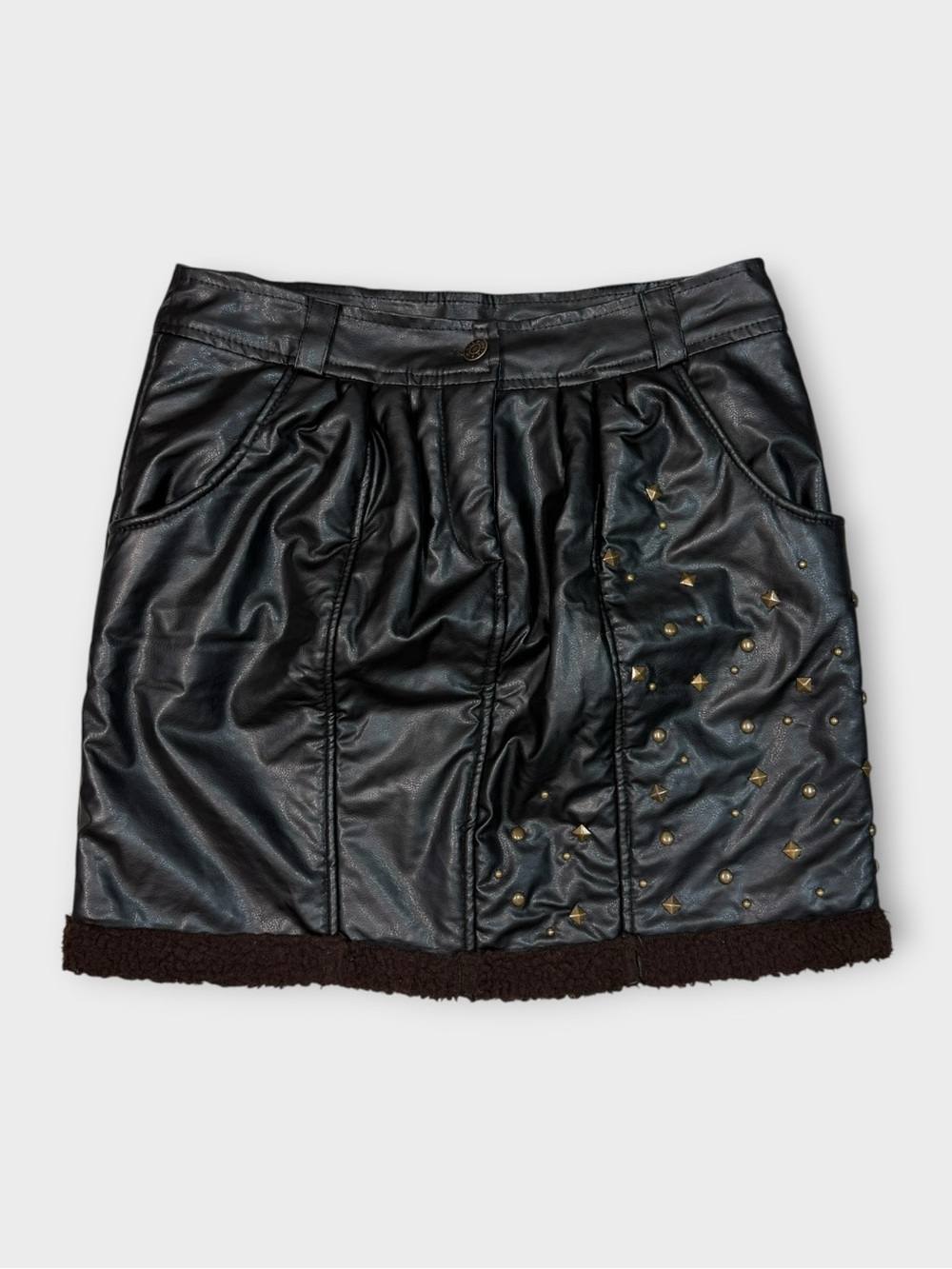 Banana USA Faux Leather Sherpa-Trim Studded Mini Skirt
